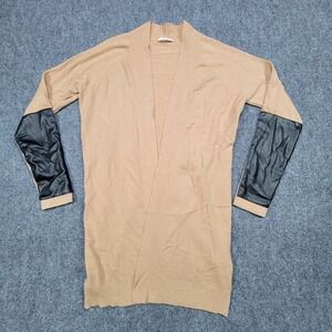 Milano Sweater Womens Small Tan Cardigan Faux Leather Sleeve Open Front Layering